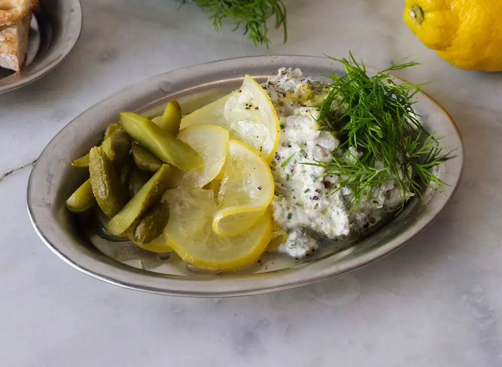 Recipe for fish rillettes with grey shrimp and lemon pickles