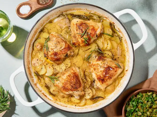 Buttermilk chicken with tarragon sauce and potatoes
