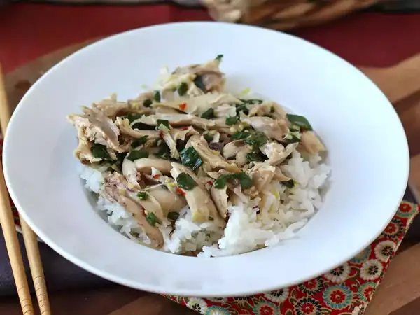 Steamed Chinese chicken with ginger and spring onion, tender and juicy