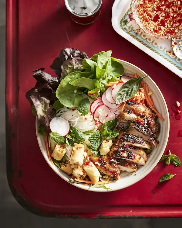 Vietnamese Chicken & Spring Roll Noodle Bowl