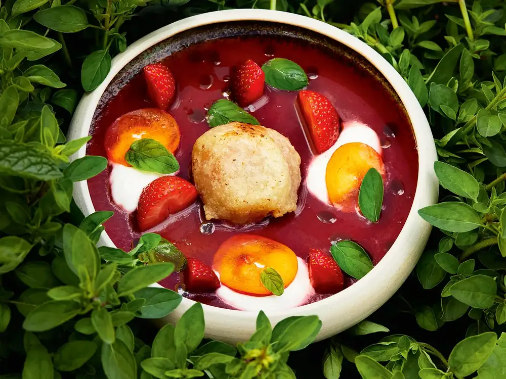 Take 5: Strawberry gazpacho with baked peach