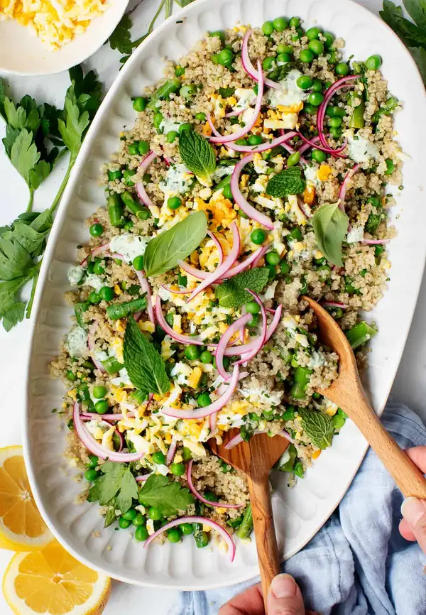 Spring Quinoa with Asparagus, Peas & Pickled Onion