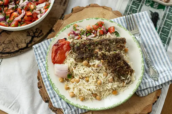 Sheet Pan Beef Kebabs with Chickpea Rice and Spicy Green Sauce (Easy 60 Minute Meal)