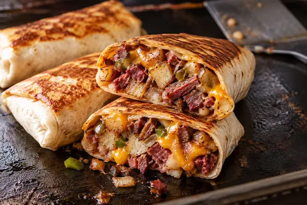 Griddled Corned Beef Hash Breakfast Burritos