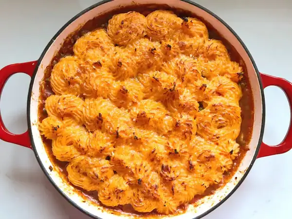 Middle Eastern Sausage & Pea Casserole with Sweet Potato Mash