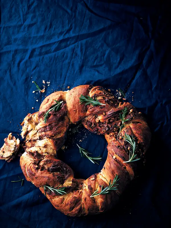 Milk chocolate, hazelnut and rosemary brioche wreath