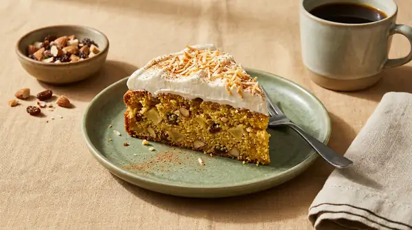 Pastel húmedo de manzana y almendras con cobertura de crema batida