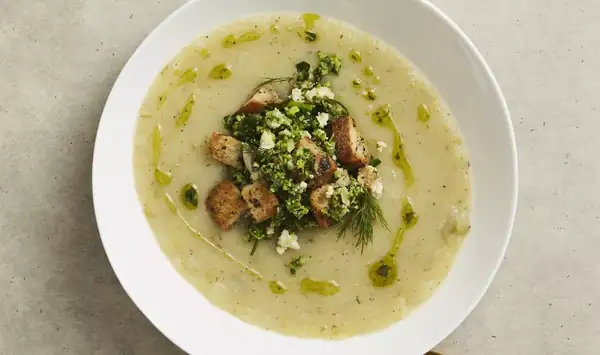 Plant-Based Potato Leek Soup With Broccoli Gremolata