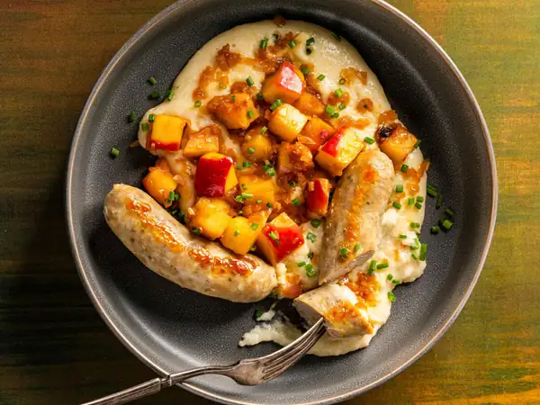 Chicken Sausages and Apples with Smoky Cheese Grits