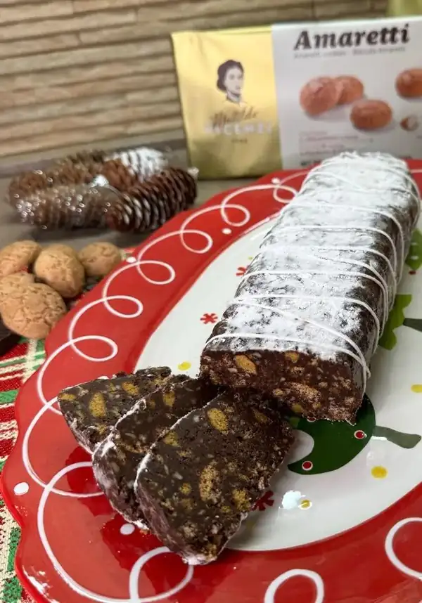 Chocolate salami, coffee and amaretti biscuits