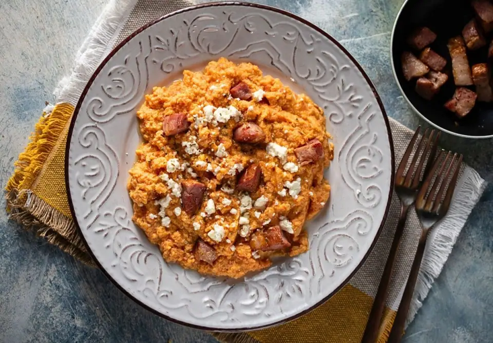 Kagianas: Greek-Style Scrambled Eggs with Feta & Smoked Pork