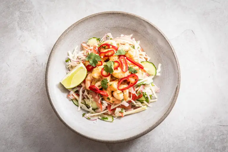 White Cabbage Kachumber With Mango And Chilli Chutney Prawns Recipe