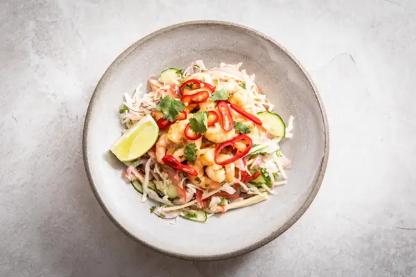White Cabbage Kachumber With Mango And Chilli Chutney Prawns Recipe