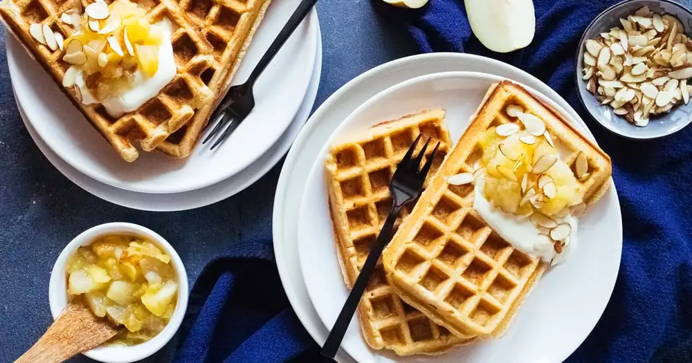 Vegan oat waffles with apple and pear compote