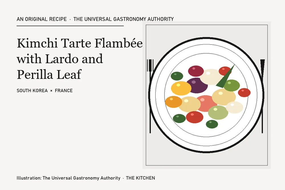 Kimchi Tarte Flambée with Lardo and Perilla Leaf
