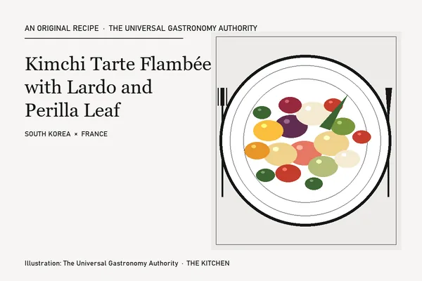 Kimchi Tarte Flambée with Lardo and Perilla Leaf