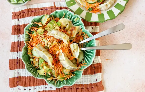 Crispy rice salad with gyoza