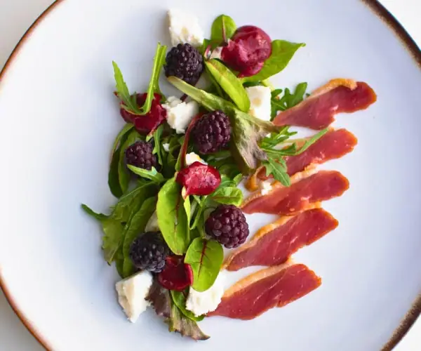 Smoked Duck Salad with Feta & Blackberry Sauce