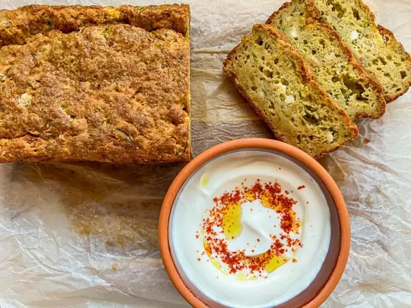 Zucchini Bread with Garlic Labneh