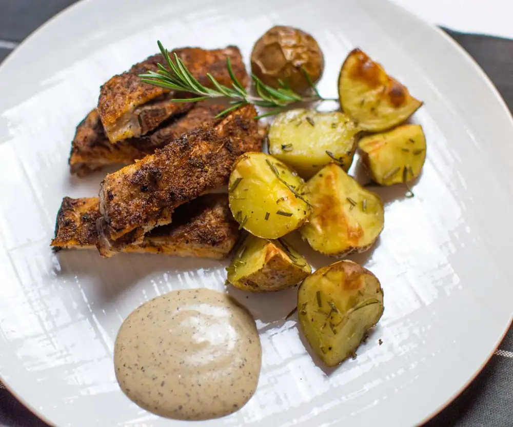 Oven Baked Cajun Pork Ribs w/ Potatoes & Garlic Sauce