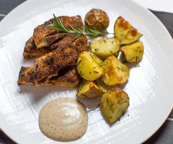 Oven Baked Cajun Pork Ribs w/ Potatoes & Garlic Sauce
