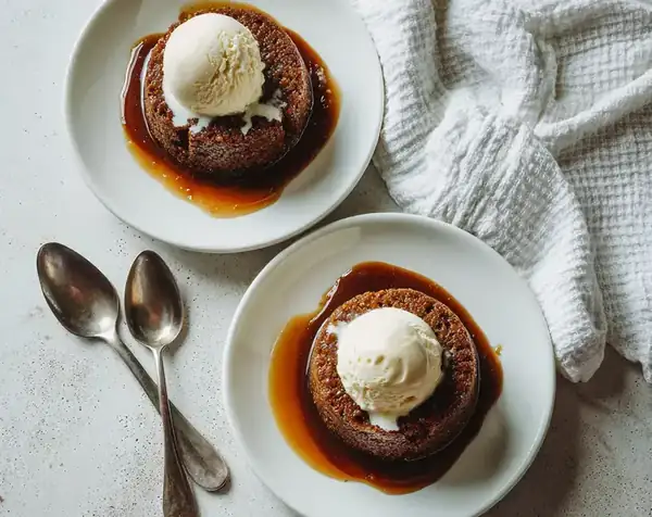 Sticky toffee pudding with vanilla ice cream