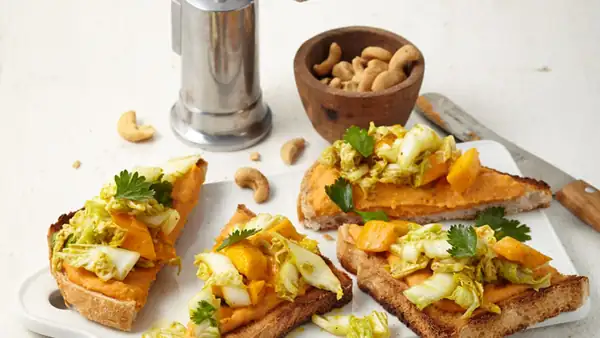 White bread with lentil and coconut cream and Chinese cabbage salad