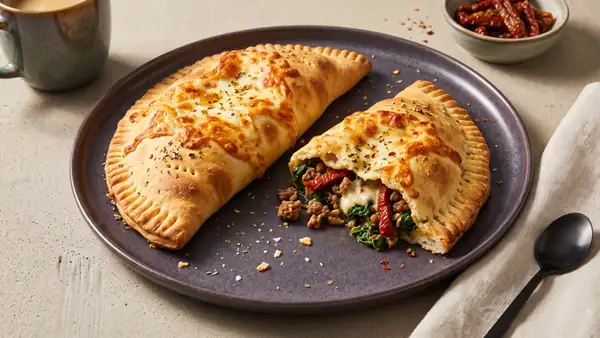 Savory calzone with spinach, minced meat and mozzarella