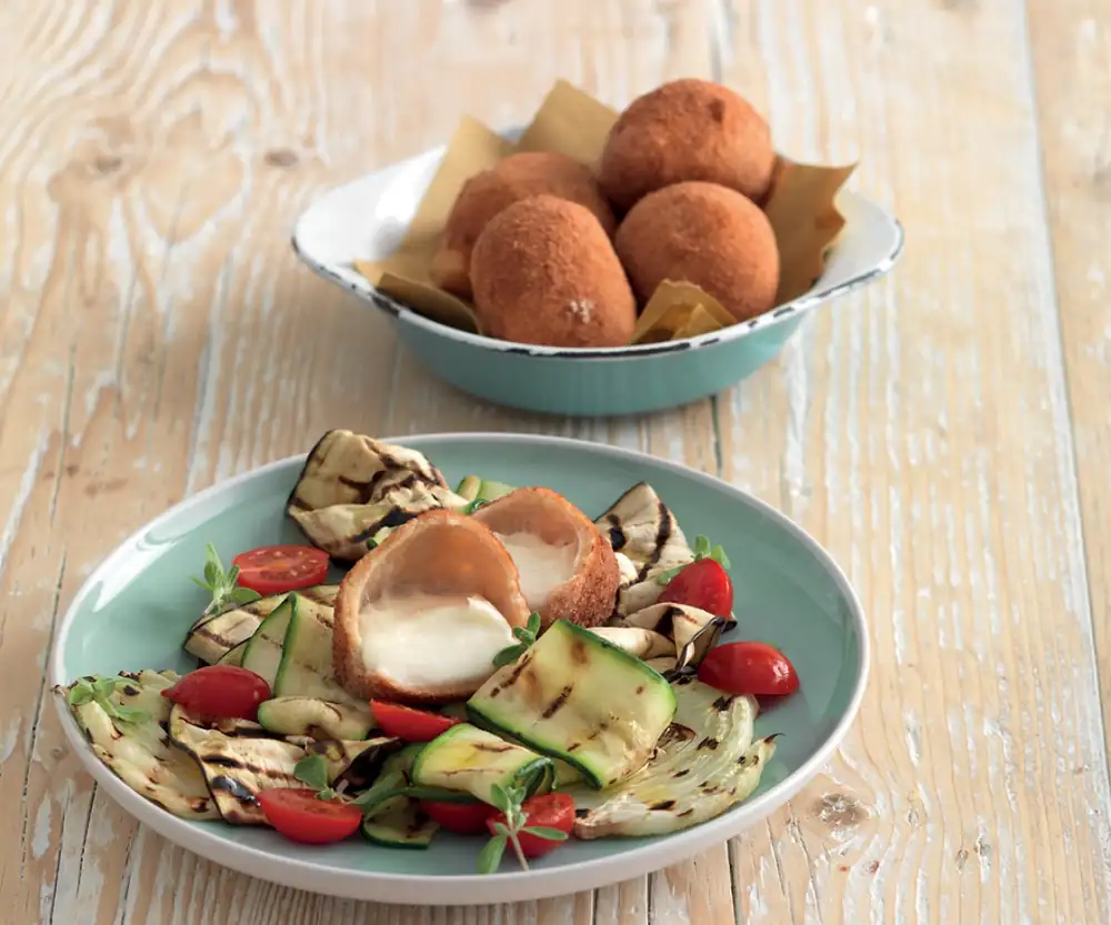 Fried Mozzarella Bites With Grilled Vegetables