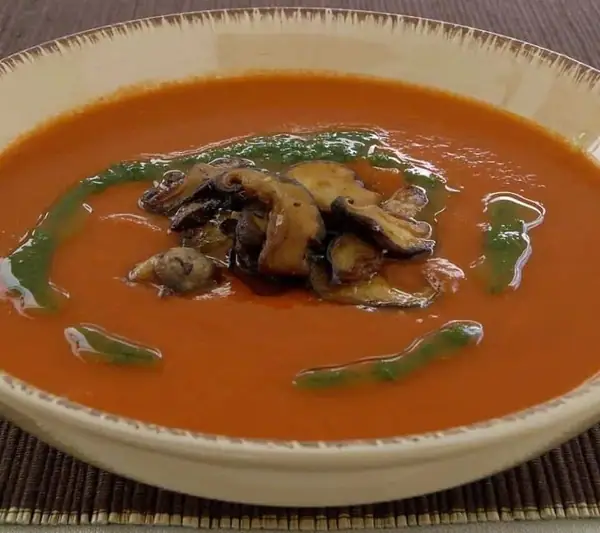 Roast Pepper Soup w/ Garlic Shitakes & Parsley Oil