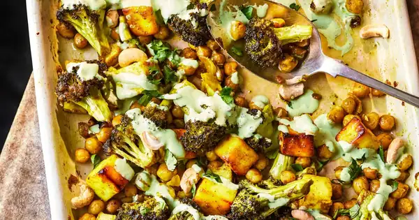 Garam masala paneer & broccoli traybake with green yogurt
