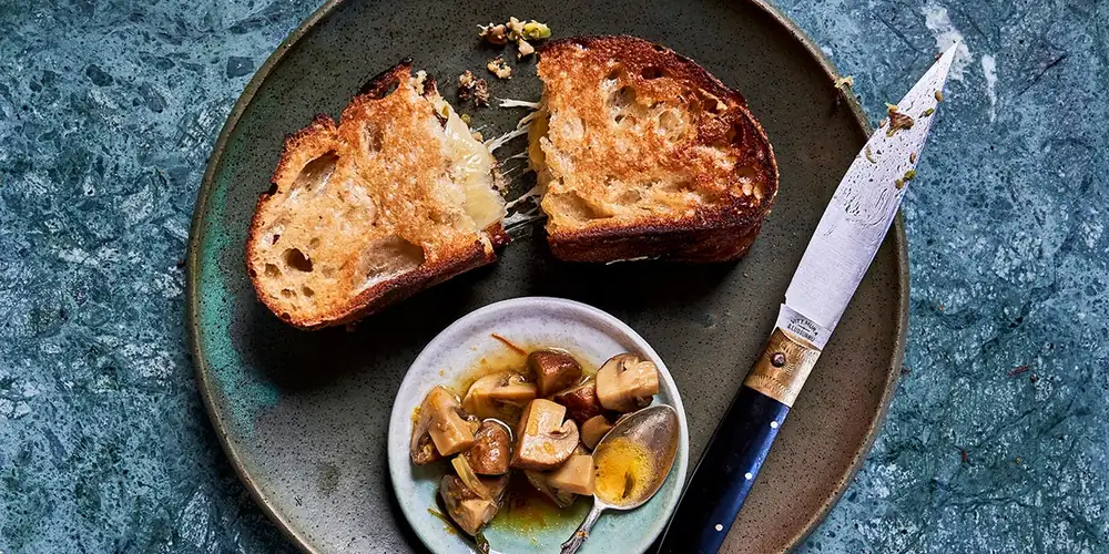 Grilled Cheese with Mushroom-Olive-Pepperocini Relish