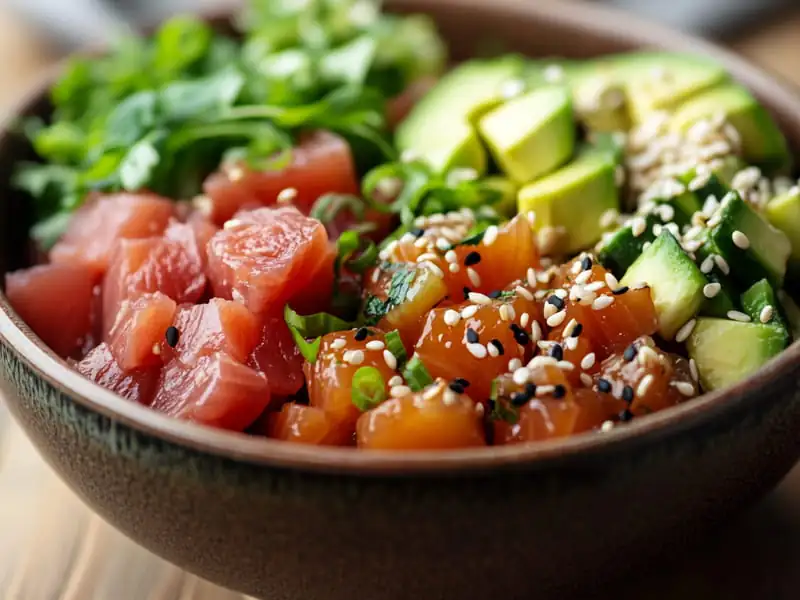 Poke Bowl with salmon marinated in soy, honey, sesame