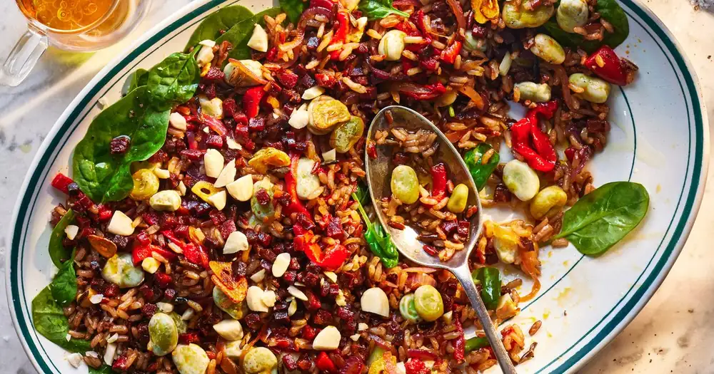 Chorizo, broad bean & wild rice platter with sherry vinegar dressing