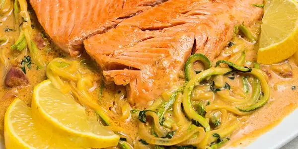 Salmon & Zoodles in Creamy Bacon Tomato Sauce