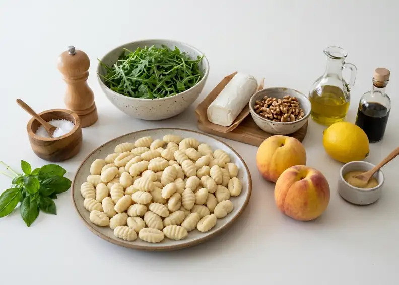 Crispy gnocchi salad with peach, goat cheese and walnuts