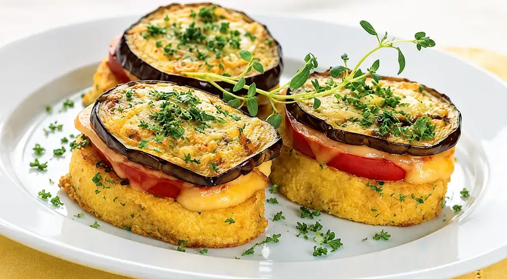 An eggplant, tomato, and cheese appetizer on a crispy baguette. A step-by-step recipe with photos. 472 kcal