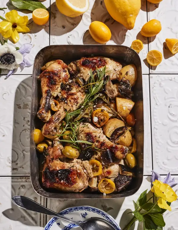 Lemon-olive chicken, potatoes and eggplant