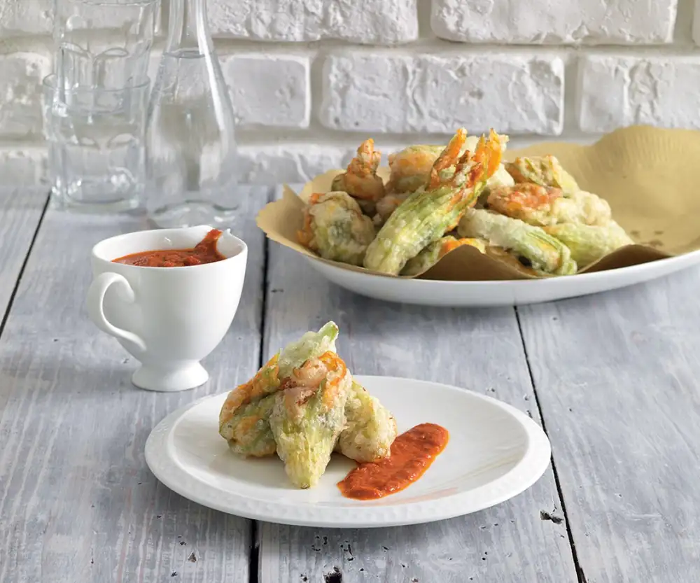 Sardine-Stuffed Zucchini Flowers With Sun-Dried Tomato Sauce