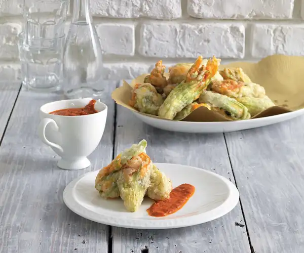 Sardine-Stuffed Zucchini Flowers With Sun-Dried Tomato Sauce