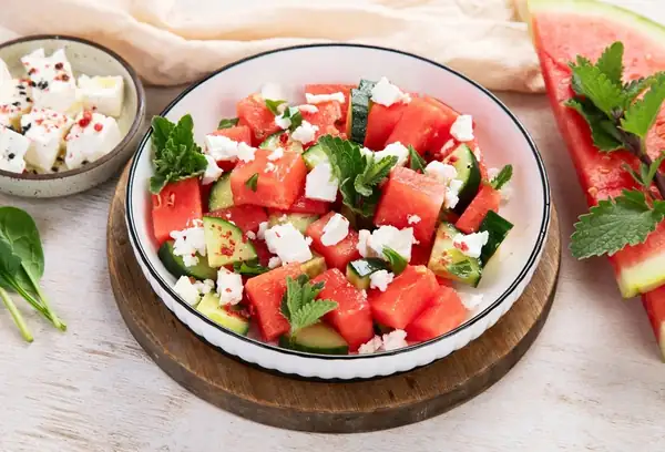 Fresh salad of watermelon, cucumber and feta cheese
