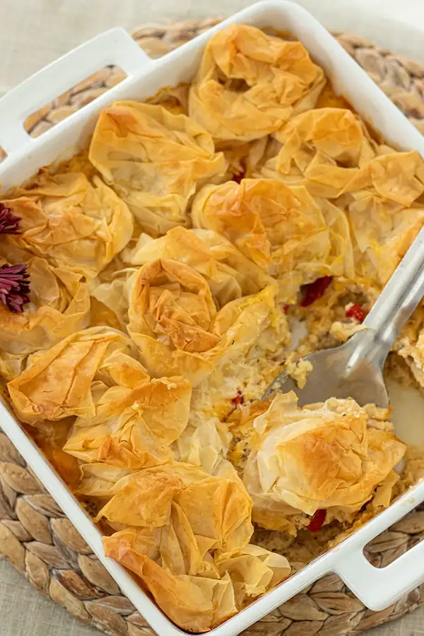 Greek-Inspired Chicken Pot Pie with Roasted Red Peppers and Feta