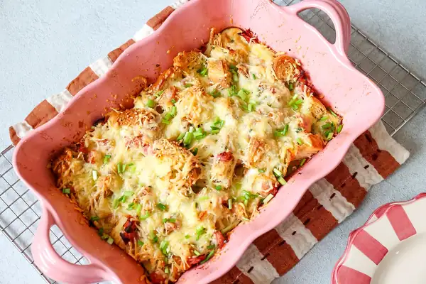 Croissant bread pudding with ham and cheese