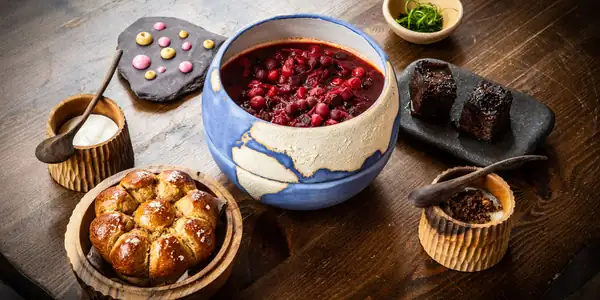 Beetroot borsch with beef short ribs and black garlic brioche