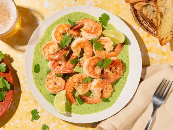Prawns with Aji Verde (Peruvian herb sauce)