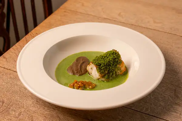 Pistachio Monkfish With Smoked Aubergine Purée, Buttermilk Dressing And Lime Pickle Recipe
