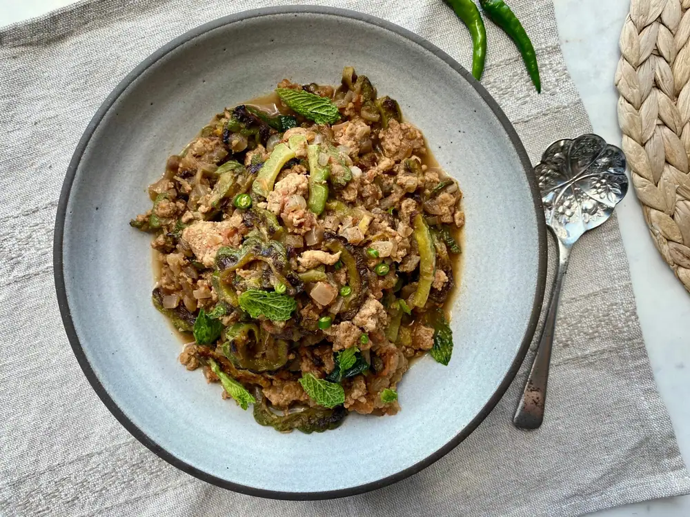 Parsi-style Bitter Gourd with Ground Chicken