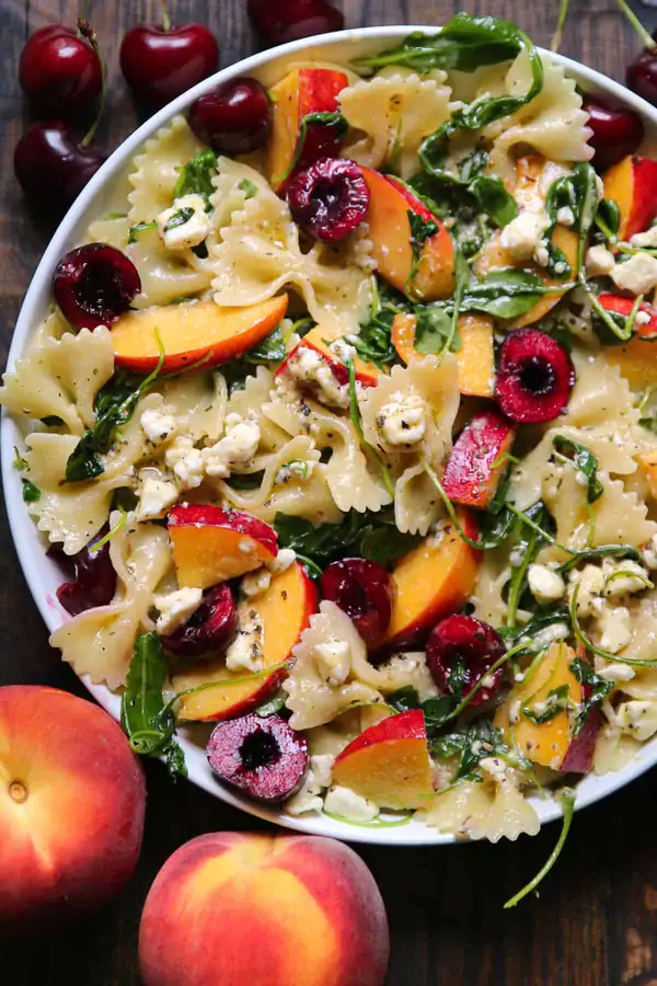 Stone Fruit Salad with Cherries, Peaches, Pasta, Feta, and Arugula