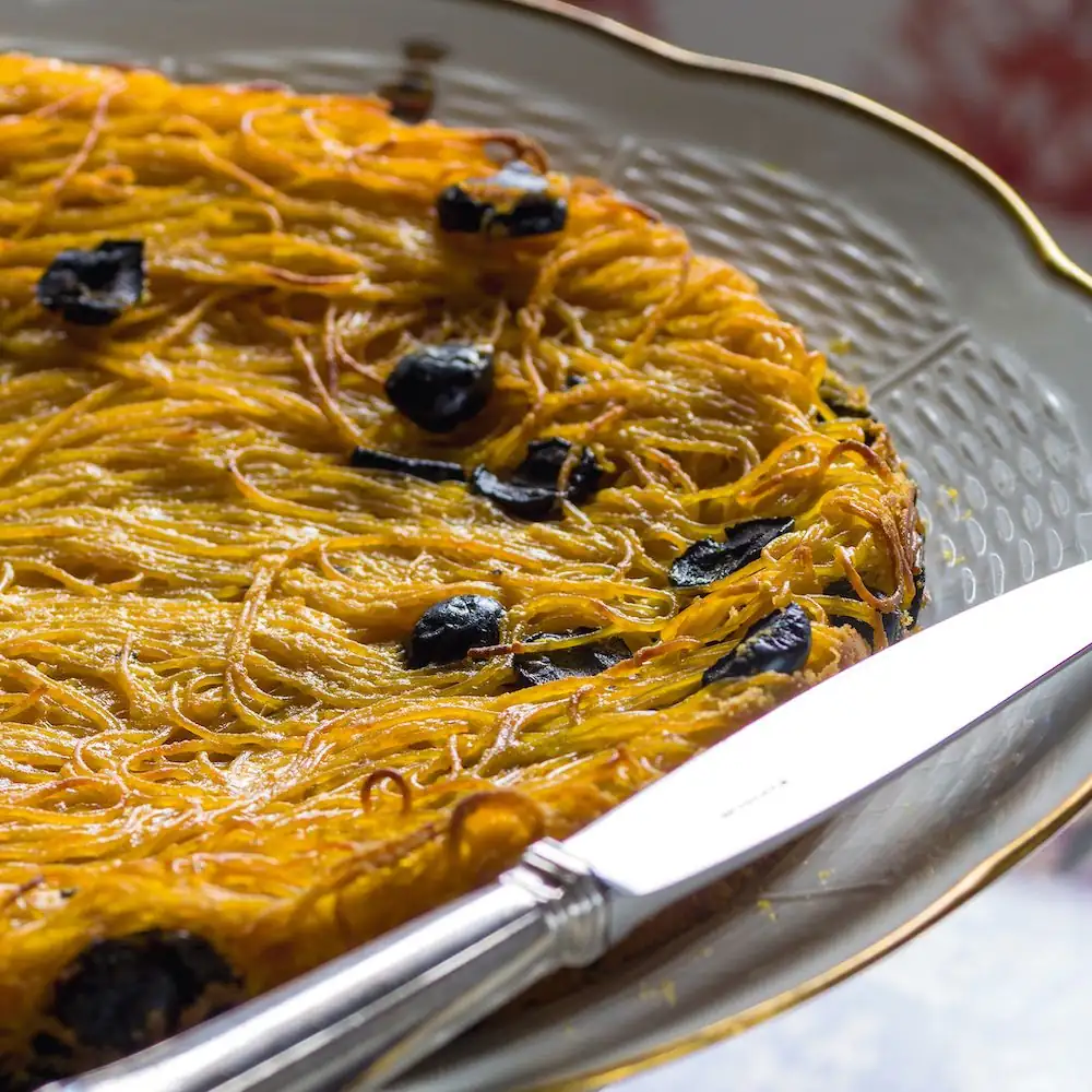 Spaghetti “Frittata” with Black Olives and Saffron