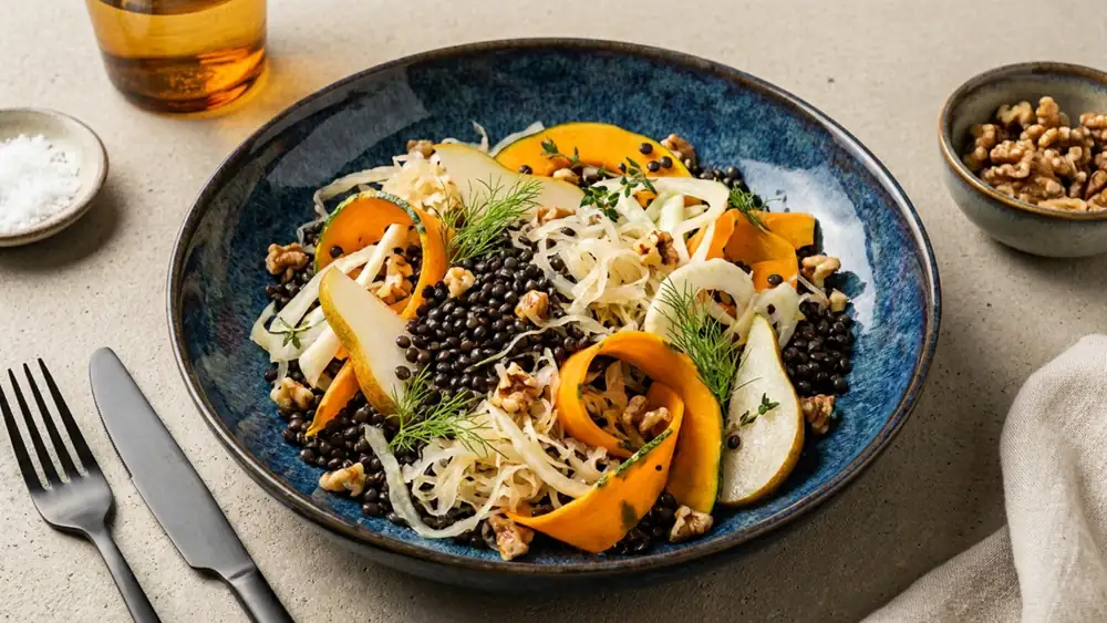 Ensalada otoñal de lentejas y chucrut con calabaza y pera